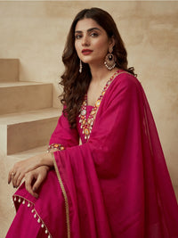 Embroidered Cotton Blend V-Neck Kurta & Trousers With Dupatta