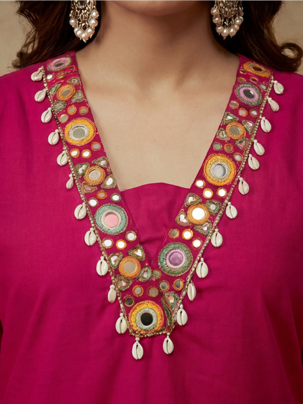 Embroidered Cotton Blend V-Neck Kurta & Trousers With Dupatta