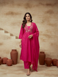 Embroidered V-Neck Kurta & Trousers With Dupatta
