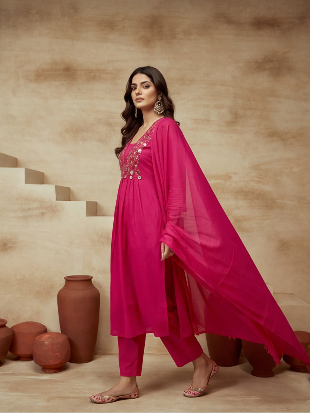 Embroidered V-Neck Kurta & Trousers With Dupatta