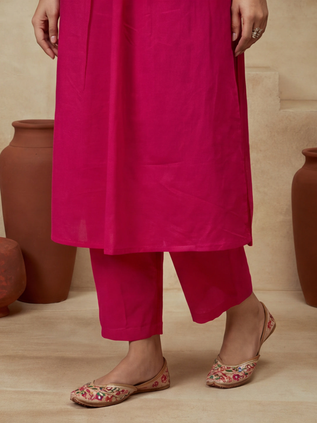 Embroidered V-Neck Kurta & Trousers With Dupatta