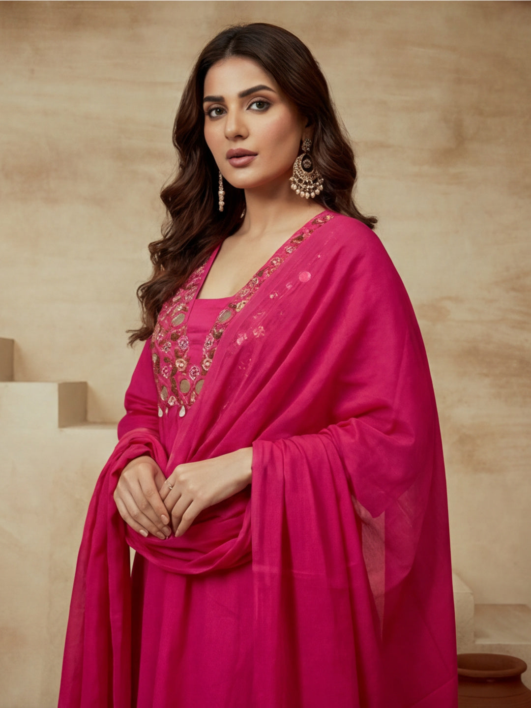 Embroidered V-Neck Kurta & Trousers With Dupatta
