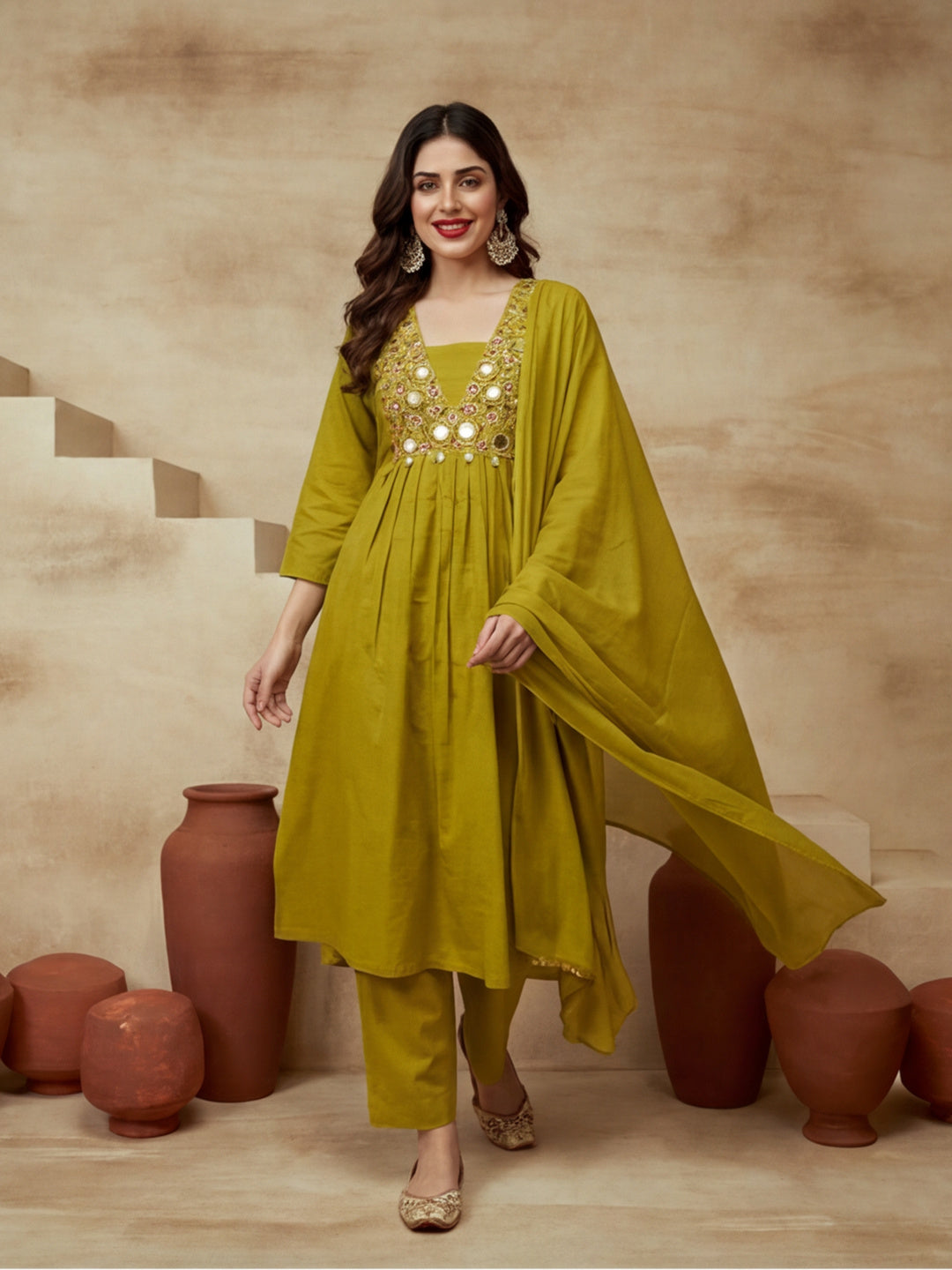 Embroidered V-Neck Kurta & Trousers With Dupatta