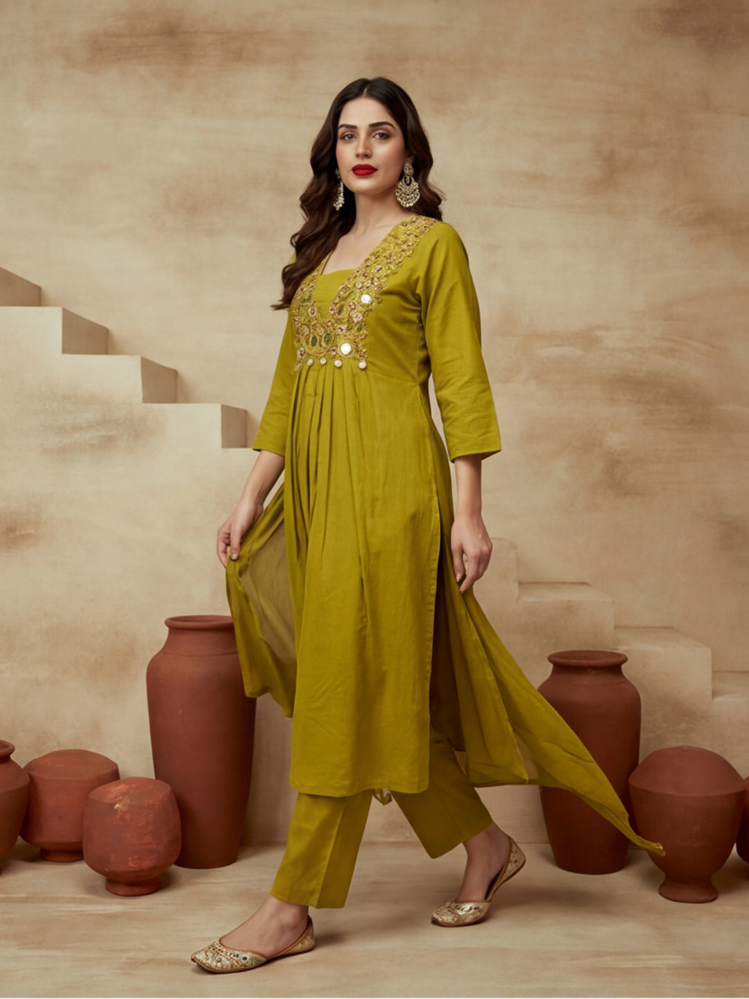 Embroidered V-Neck Kurta & Trousers With Dupatta