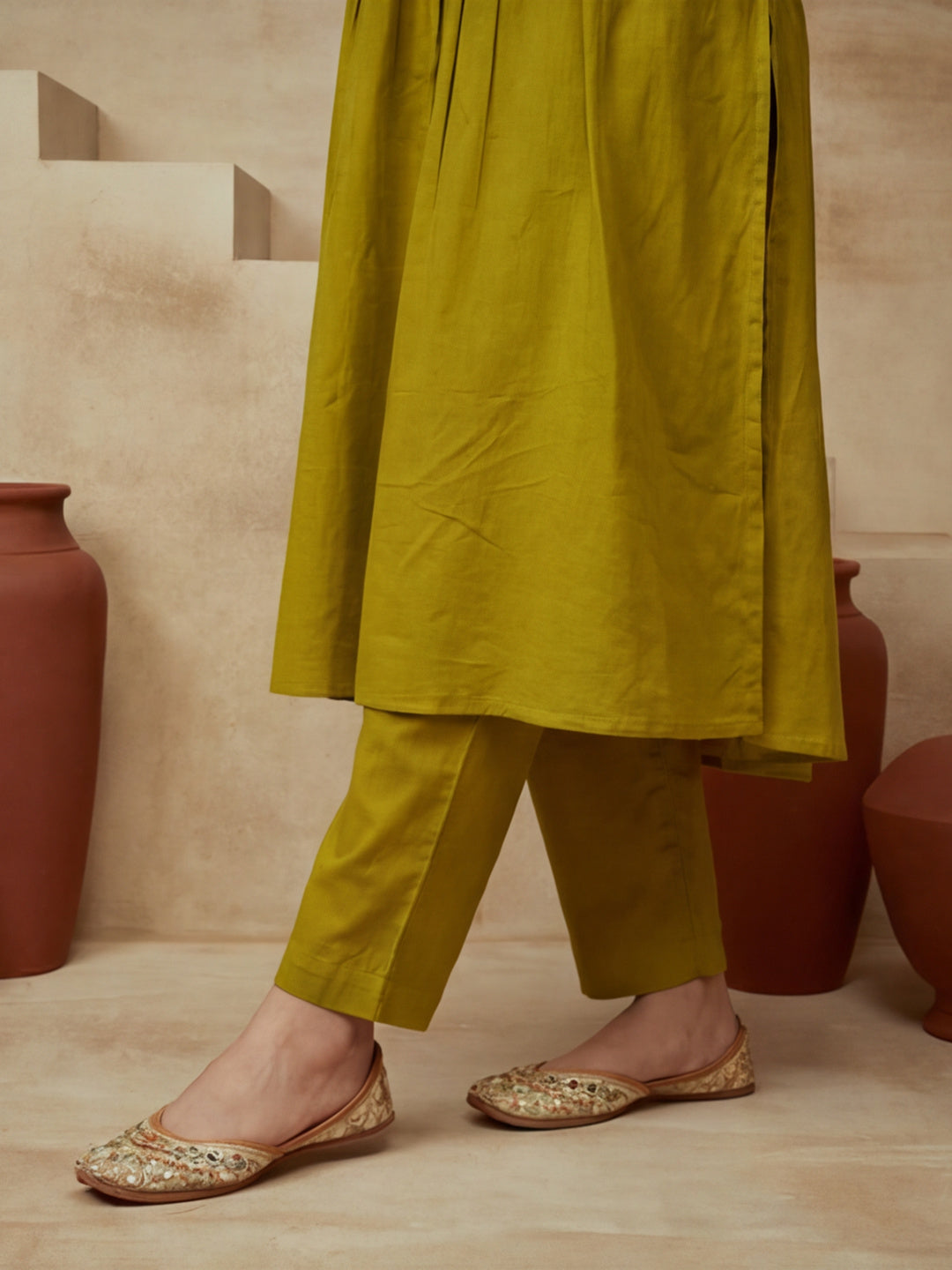 Embroidered V-Neck Kurta & Trousers With Dupatta