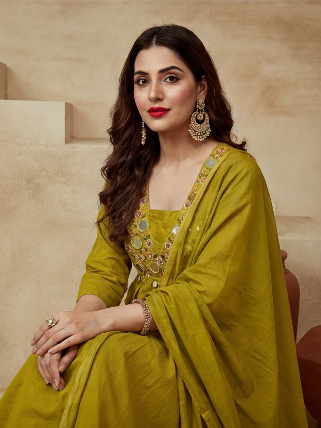 Embroidered V-Neck Kurta & Trousers With Dupatta