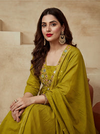 Embroidered V-Neck Kurta & Trousers With Dupatta