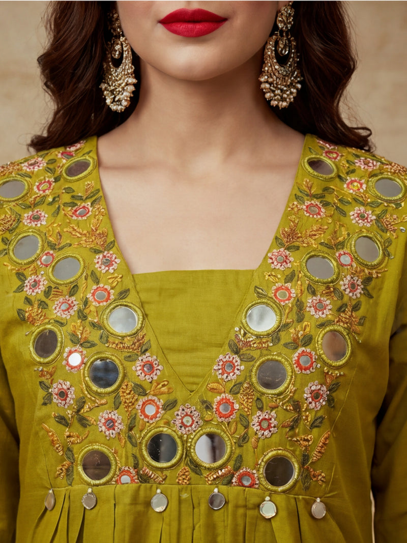 Embroidered V-Neck Kurta & Trousers With Dupatta
