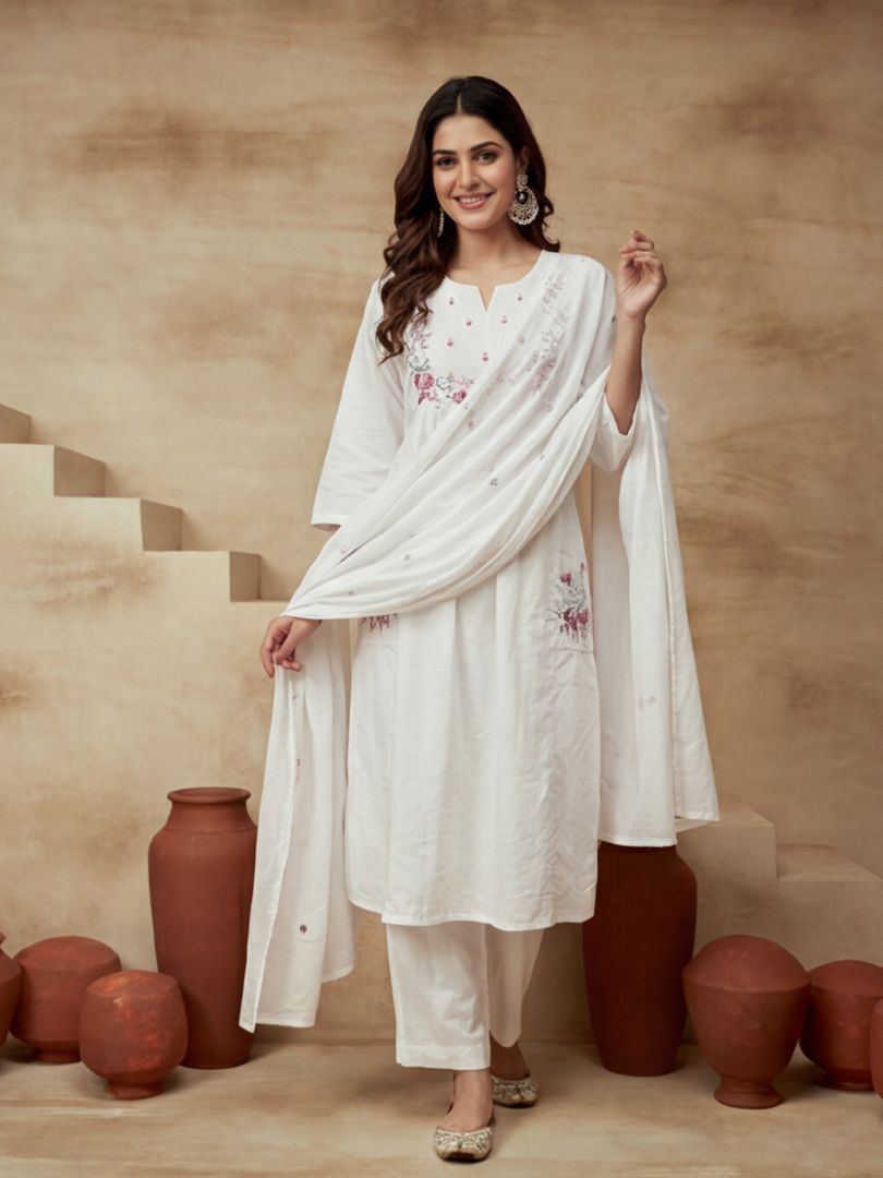 Embroidered Keyhole Neck Kurta & Trousers With Dupatta