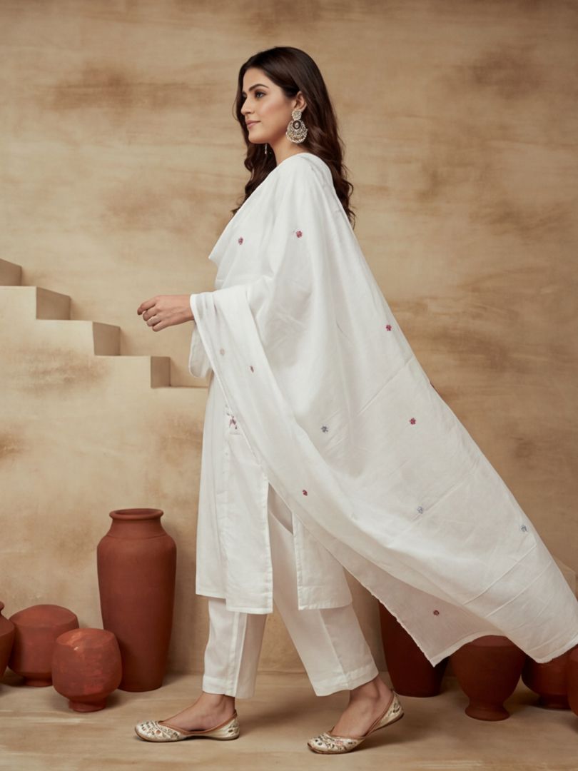 Embroidered Keyhole Neck Kurta & Trousers With Dupatta
