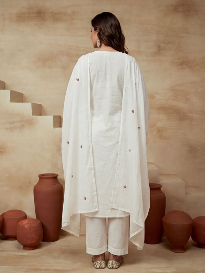 Embroidered Keyhole Neck Kurta & Trousers With Dupatta