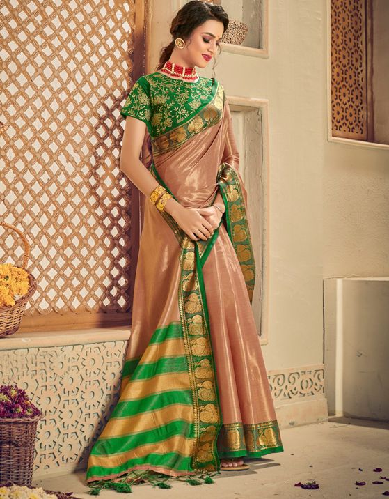 Morni Silk Zari Silk Saree Adobe Beige & Green