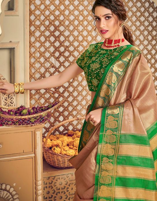 Morni Silk Zari Silk Saree Adobe Beige & Green