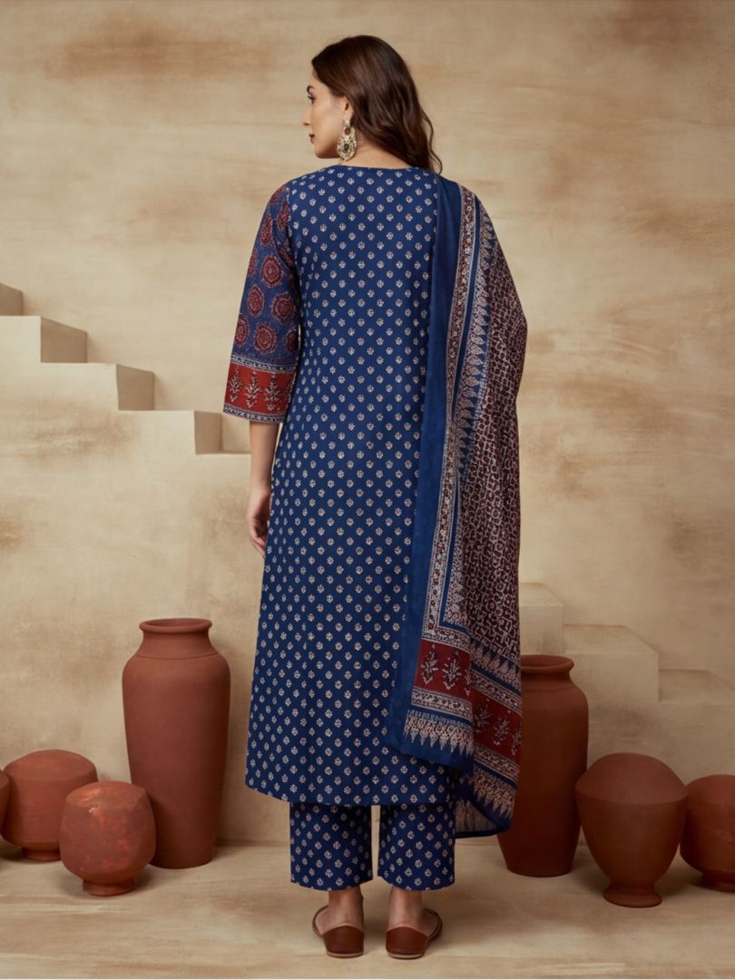 Printed Cotton Blend V-Neck Kurta & Trousers With Dupatta