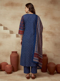Printed Cotton Blend V-Neck Kurta & Trousers With Dupatta