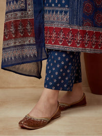 Printed Cotton Blend V-Neck Kurta & Trousers With Dupatta