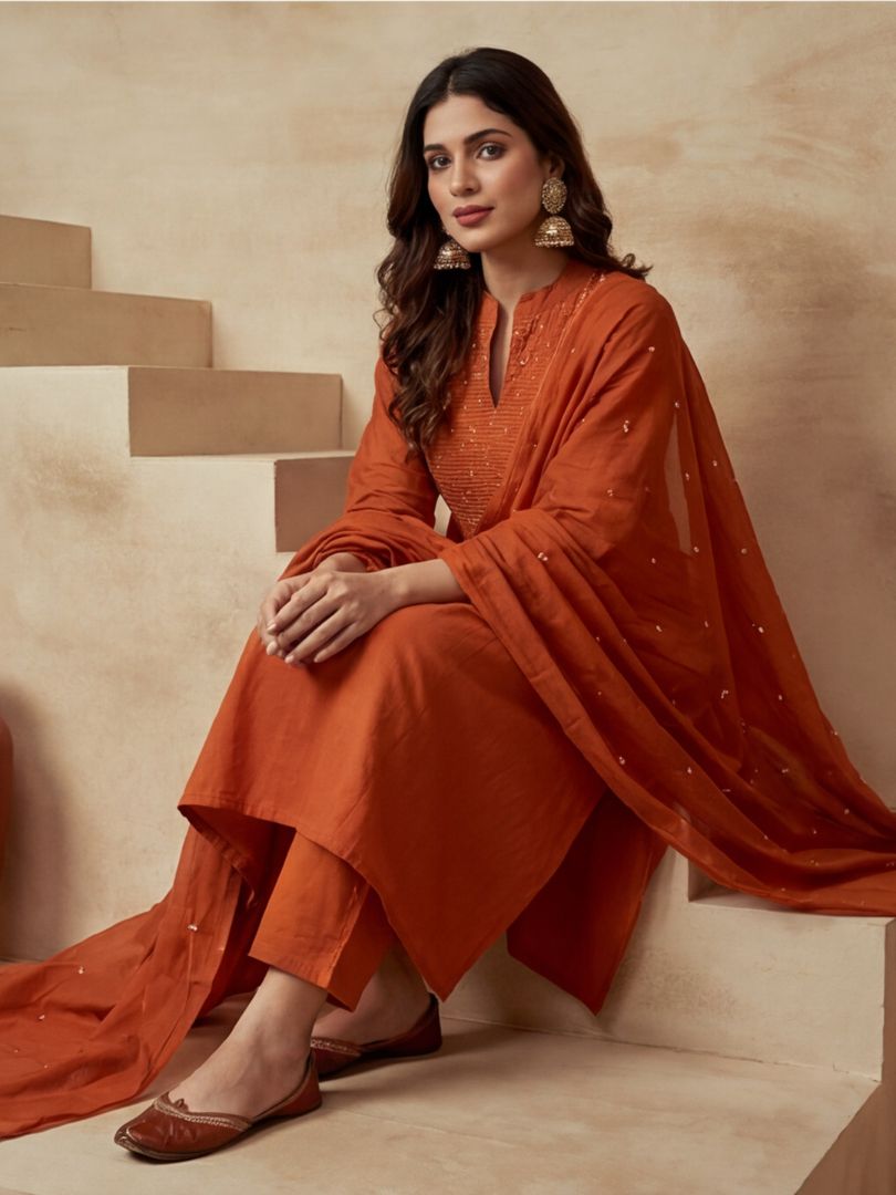 Embroidered Cotton Blend Keyhole Neck Kurta & Trousers With Dupatta