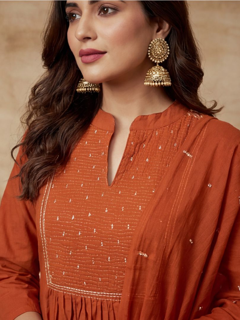 Embroidered Cotton Blend Keyhole Neck Kurta & Trousers With Dupatta