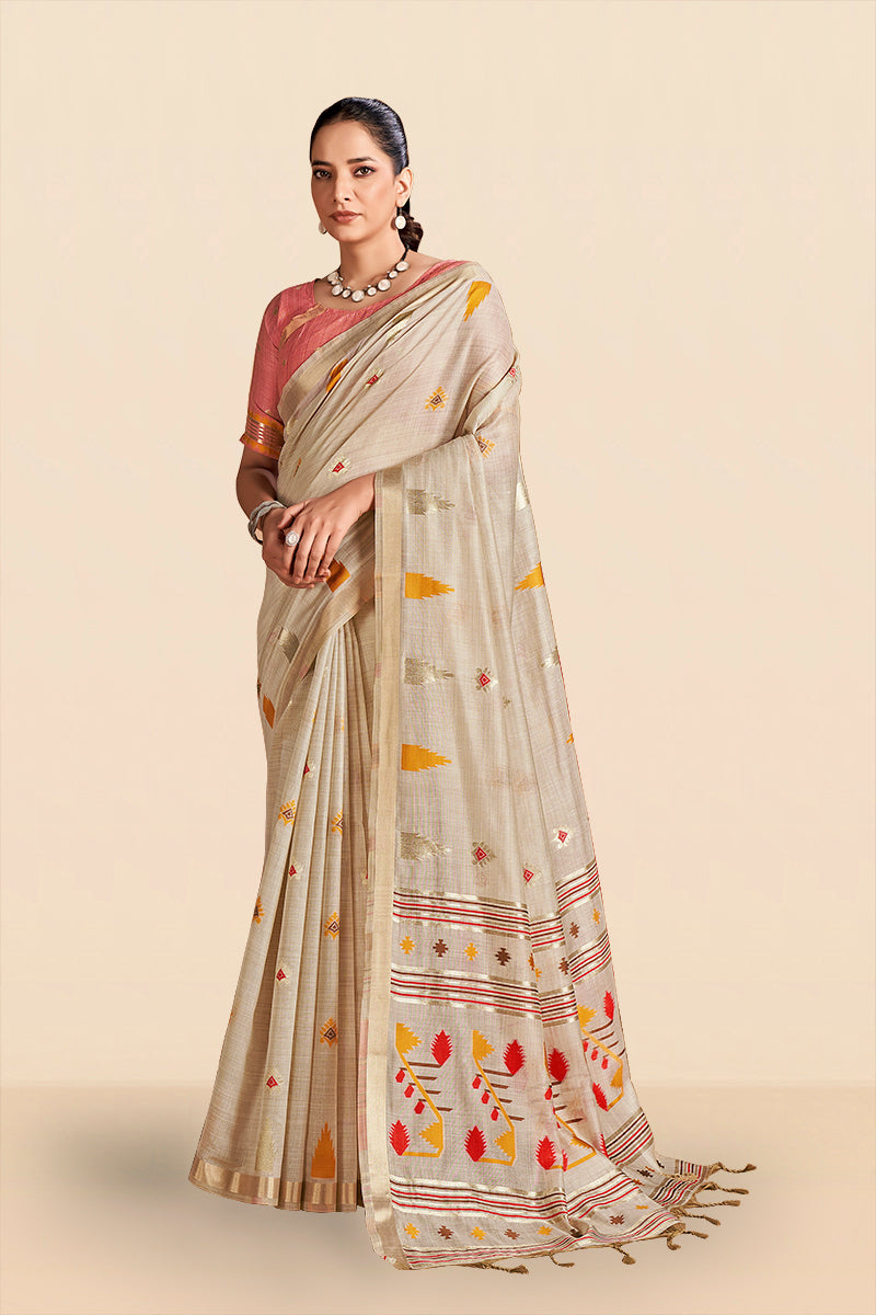 Aastha Cotton In Beige with Red And Yellow