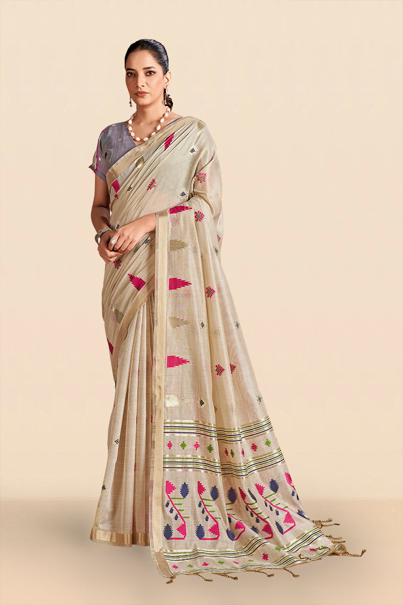 Aastha Cotton In Beige With Hot Pink And Blue