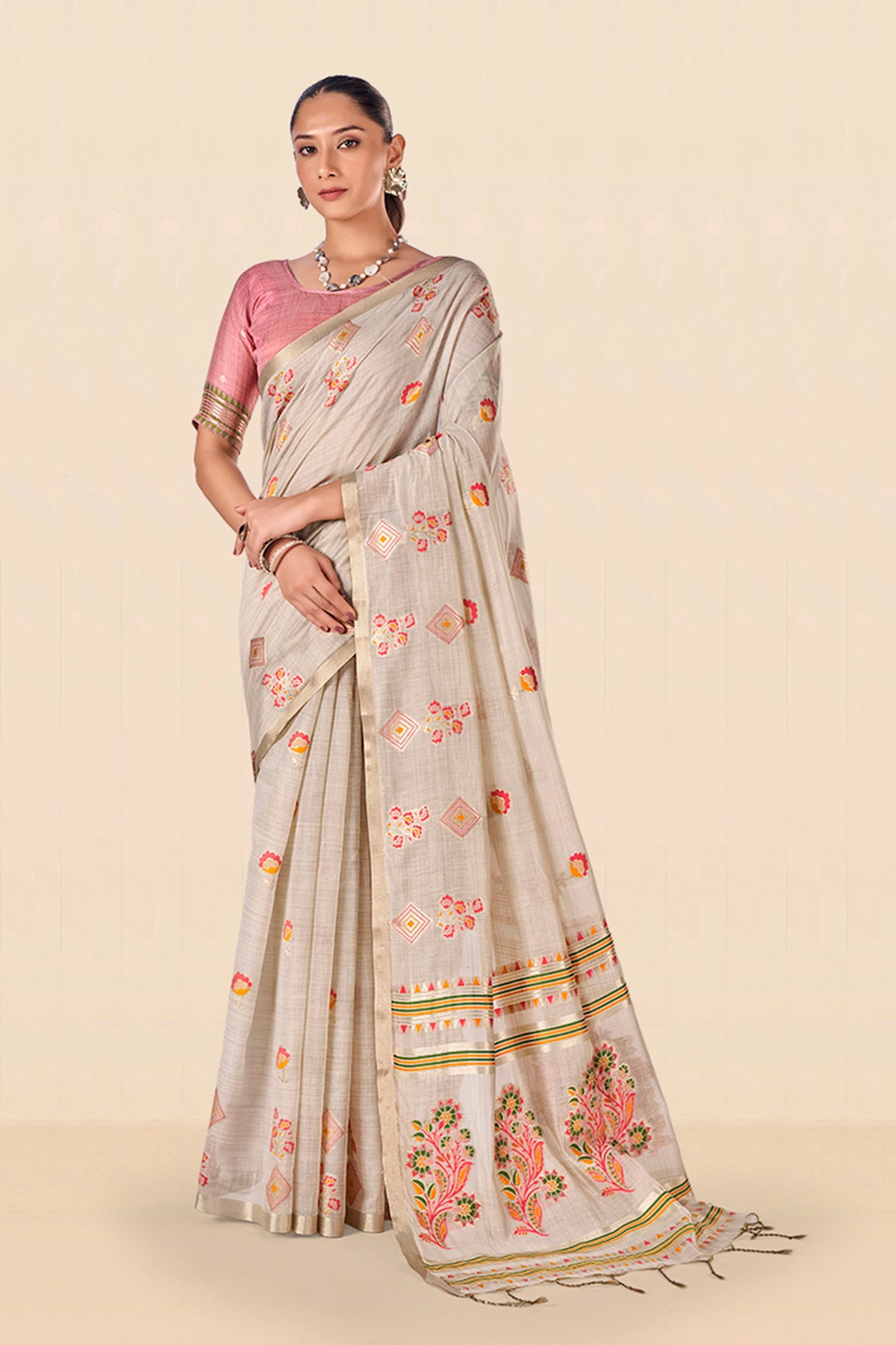 Barkha Cotton In Beige and Coral Pink