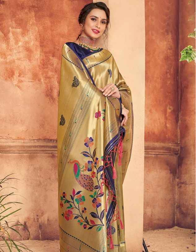 Silk Sanatan Cotton Saree Golden & Navy Blue