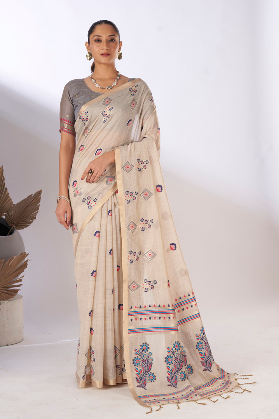 Barkha Cotton In Beige and Dark Blue