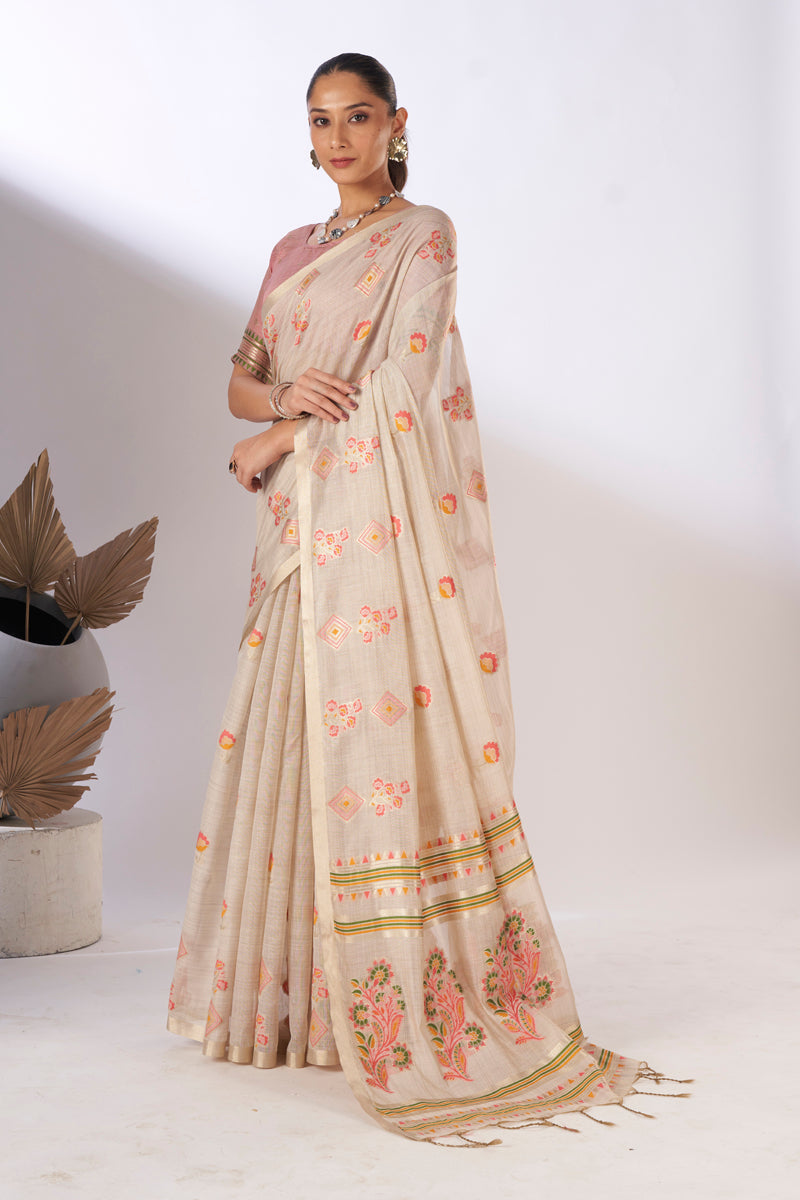 Barkha Cotton In Beige and Coral Pink