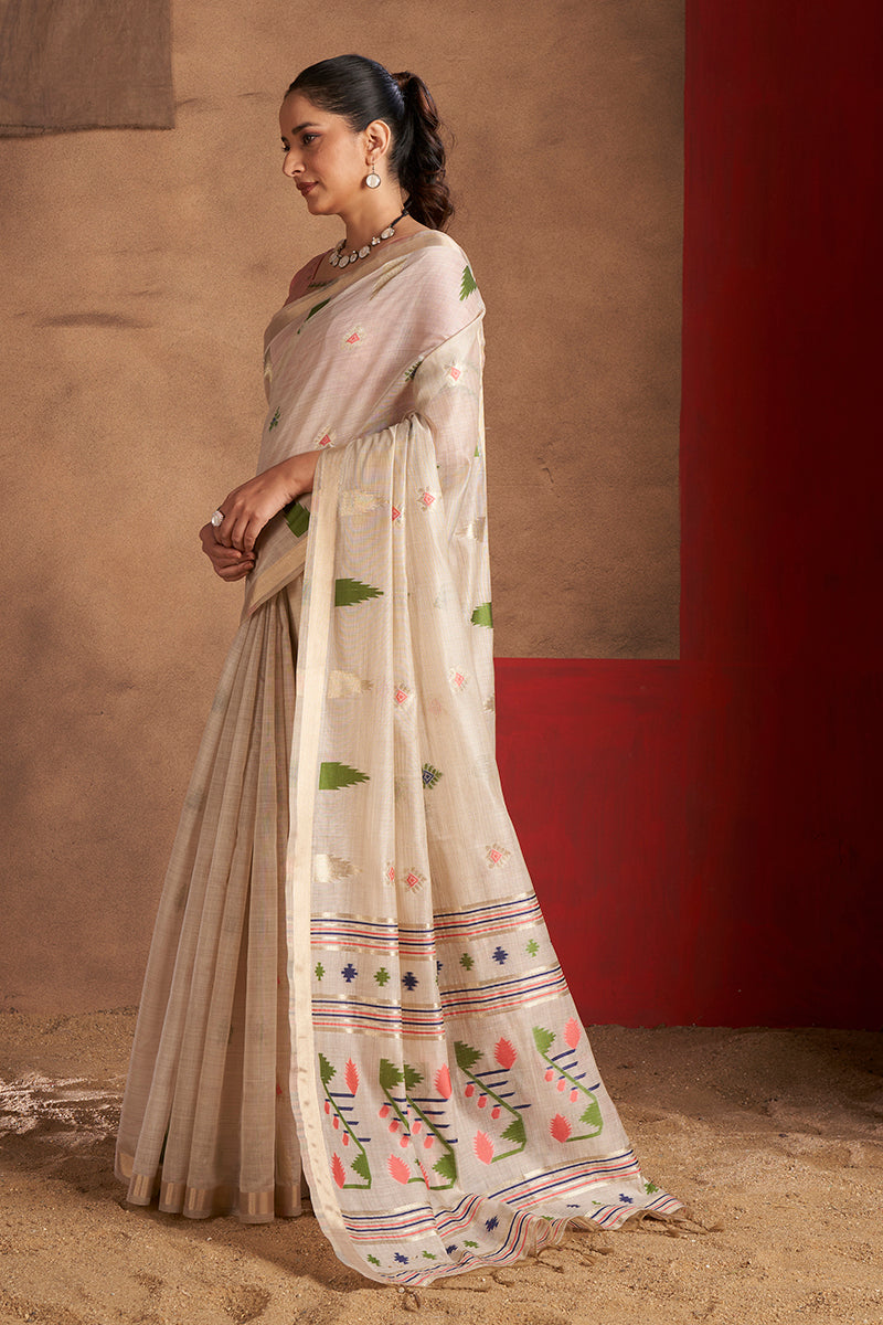 Aastha Cotton In Beige With Neon Pink And Green