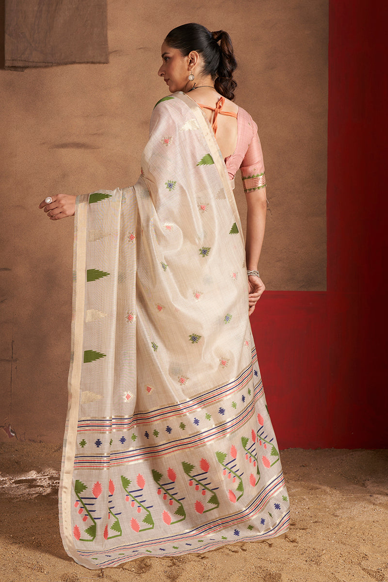 Aastha Cotton In Beige With Neon Pink And Green