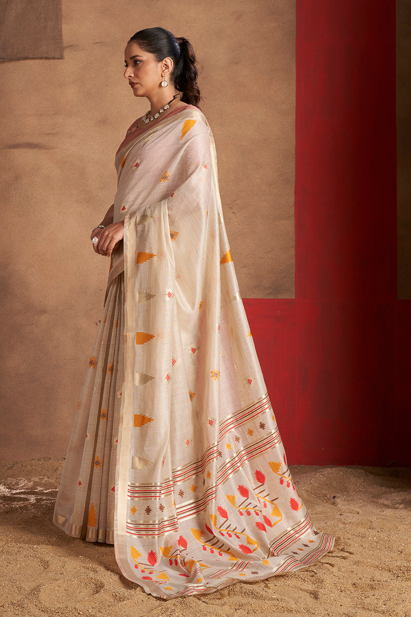 Aastha Cotton In Beige with Red And Yellow