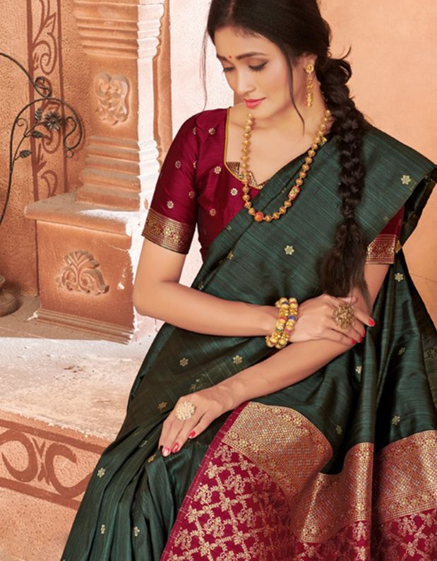 Taraash V-1 Raw Silk Saree Dark Green