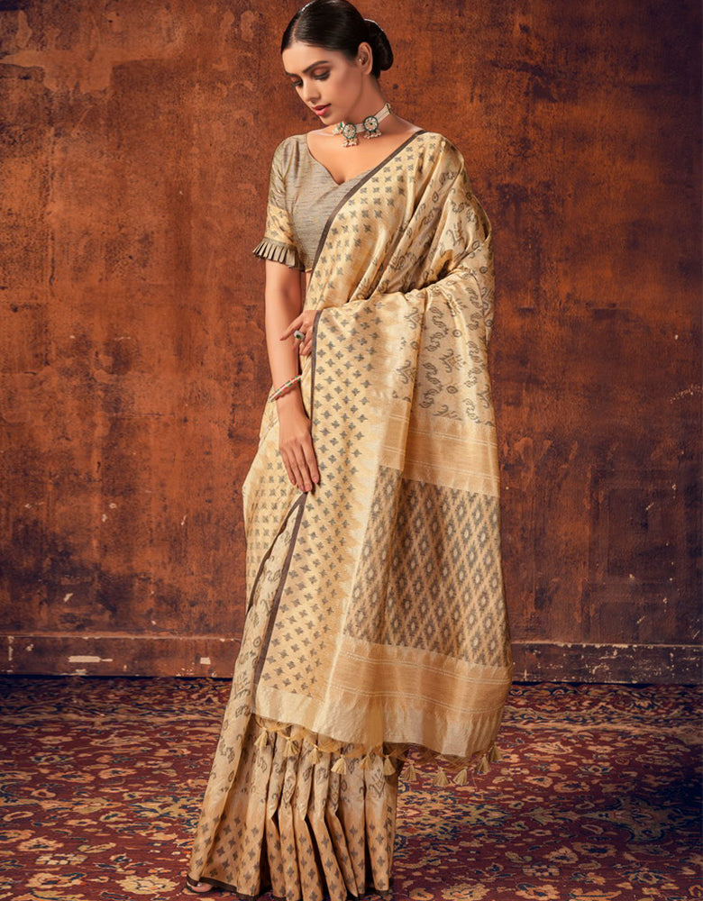 The Heart Story Handloom Cotton Saree Beige