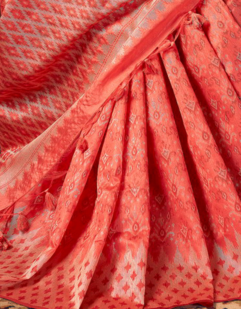 The Heart Story Handloom Cotton Saree Salmon Red