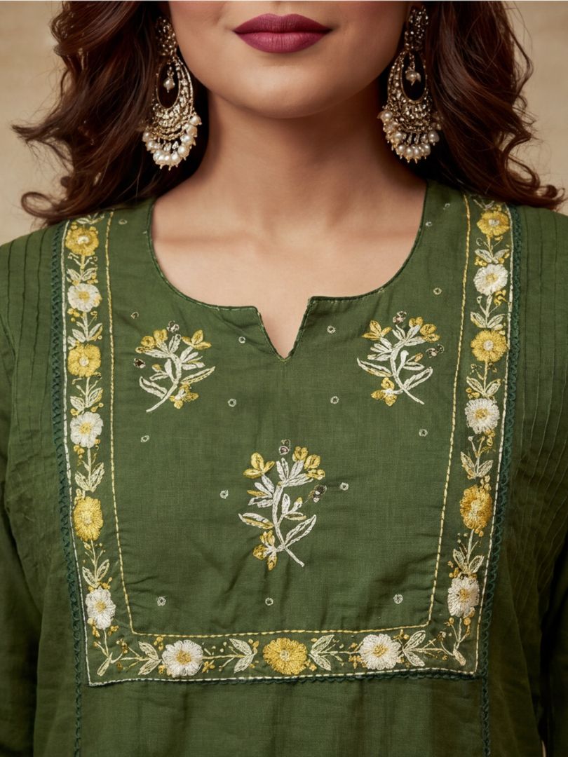 Embroidered Cotton Blend Keyhole Neck Kurta & Trousers With Dupatta