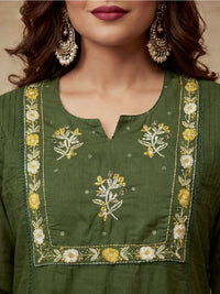 Embroidered Cotton Blend Keyhole Neck Kurta & Trousers With Dupatta