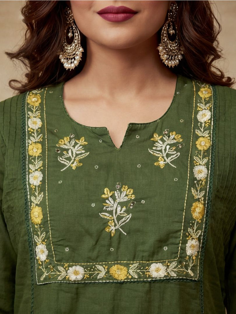 Embroidered Cotton Blend Keyhole Neck Kurta & Trousers With Dupatta