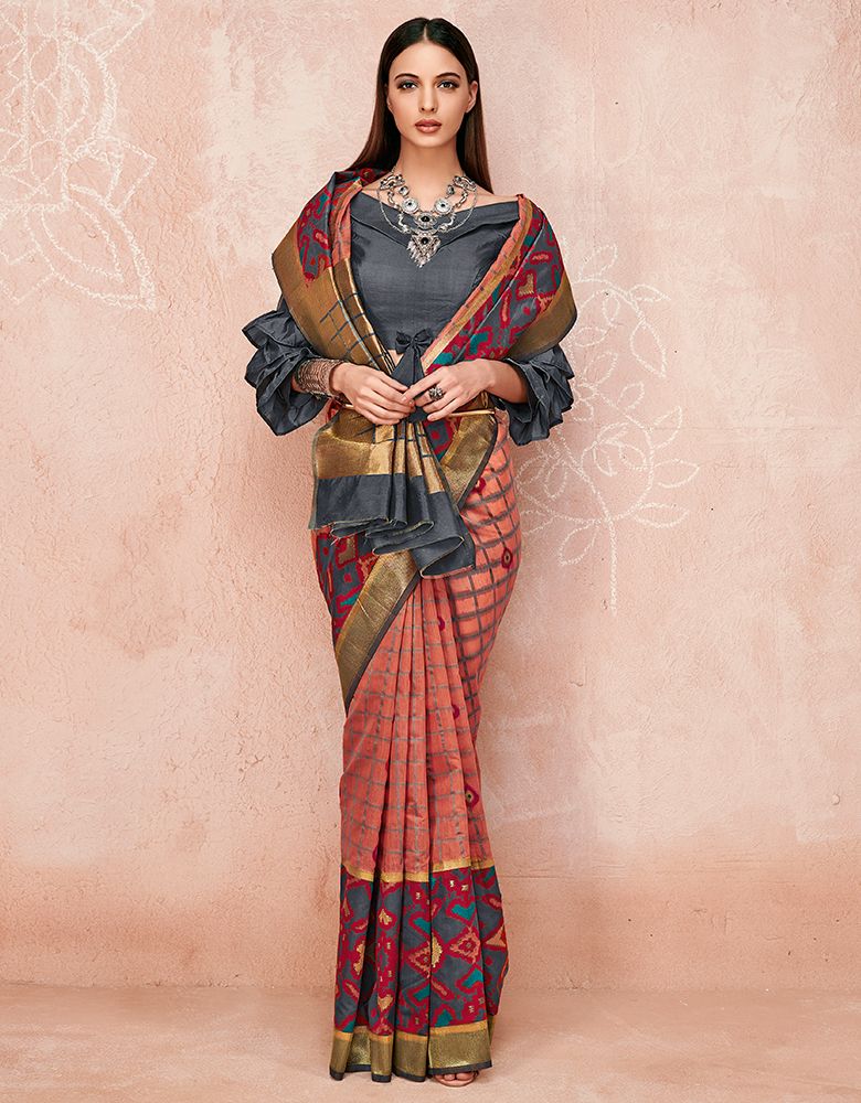 Zoya Cotton Saree Coral Orange