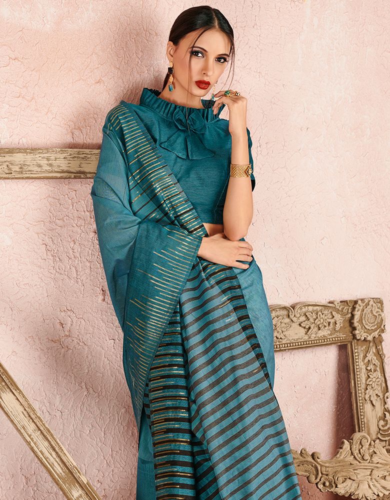 Kaya Cotton Saree Aqua Blue