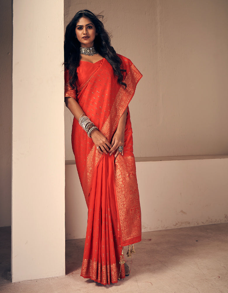 Crystal Kanjivaram Silk Saree Fire Orange