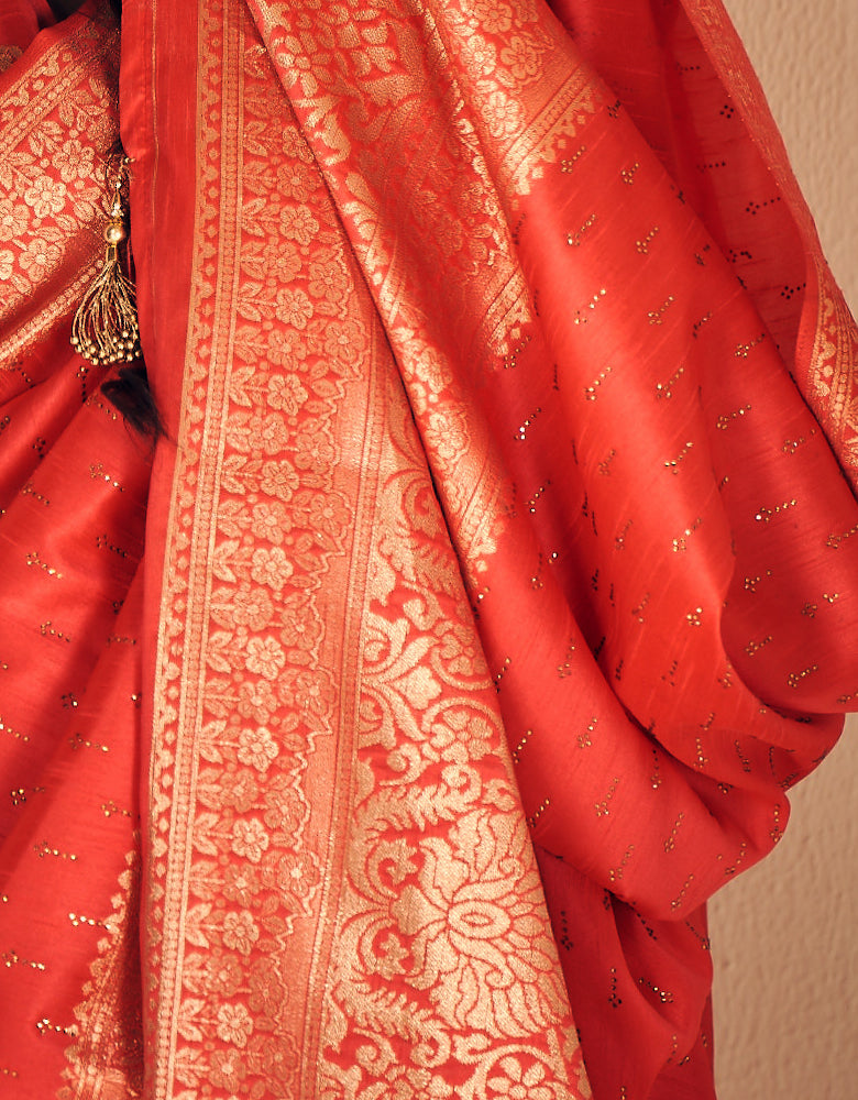 Crystal Kanjivaram Silk Saree Tart Red
