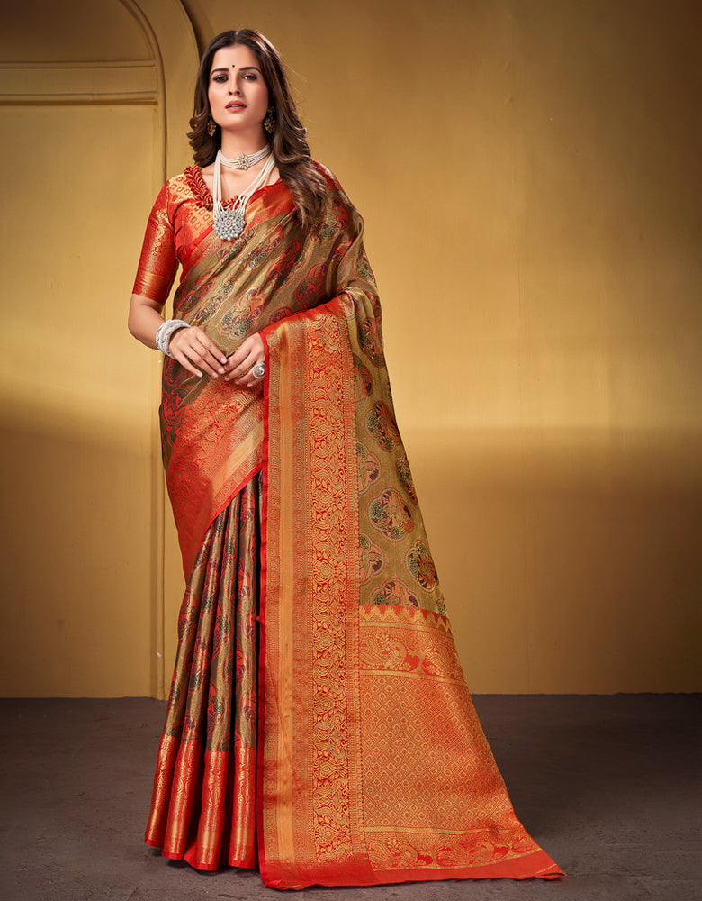 Nirvana Dharma Varam Silk Saree Grey & Orange (V1)