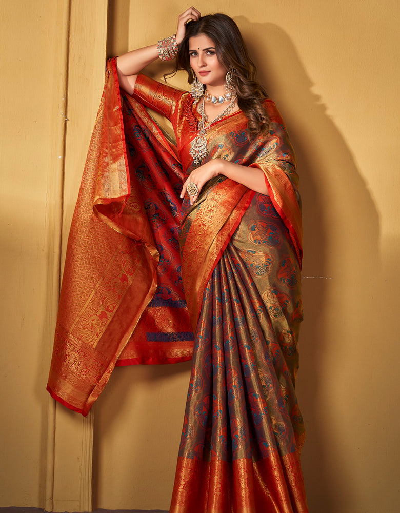 Nirvana Dharma Varam Silk Saree Grey & Orange (V1)