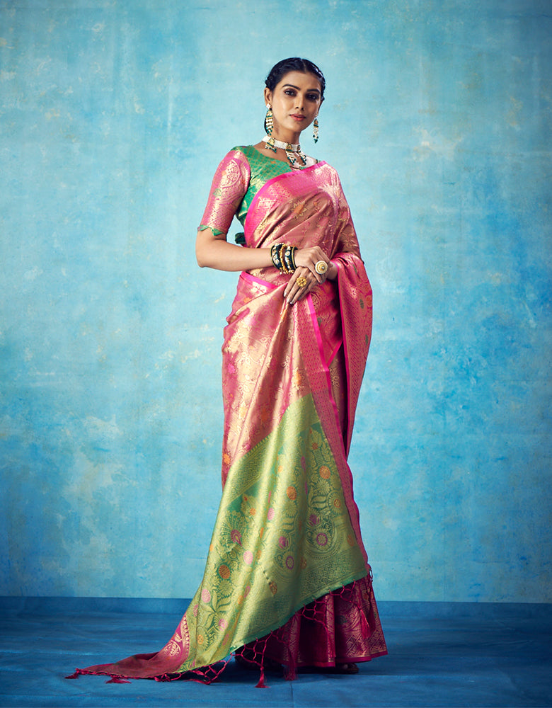 Sophisticated Baby Pink Kanjivaram Silk and Fugacious Blouse Piece –  LajreeDesigner