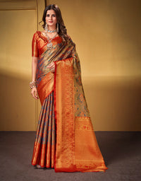 Nirvana Dharma Varam Silk Saree Olive Green & Orange (V1)