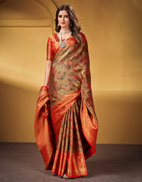 Nirvana Dharma Varam Silk Saree Olive Green & Orange (V1)