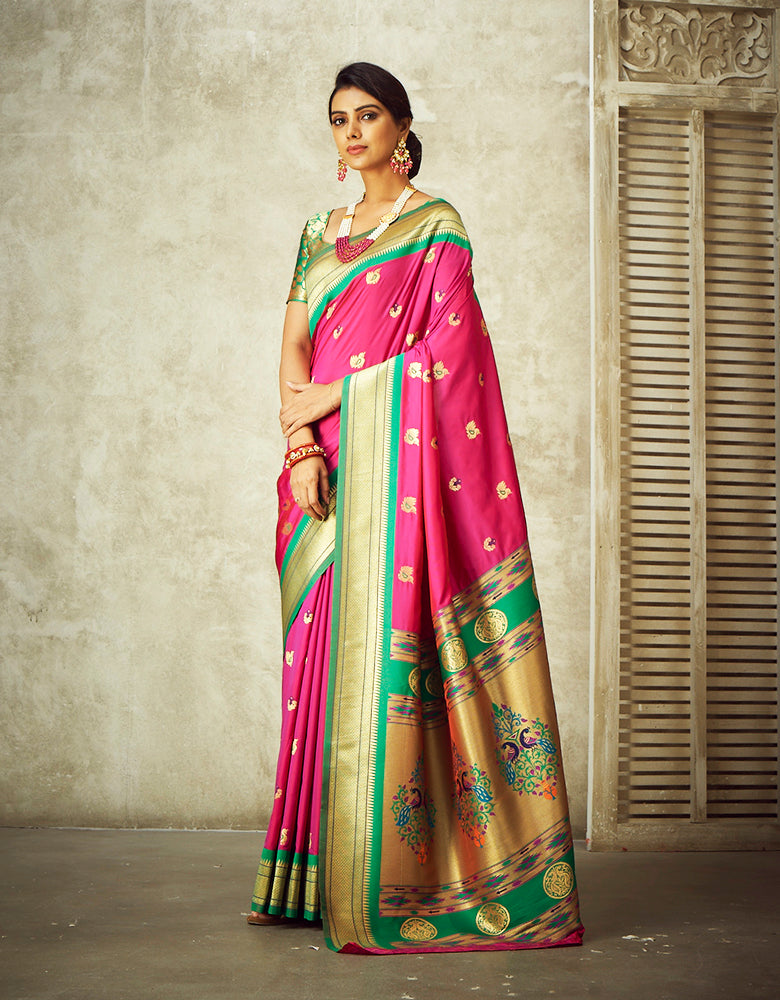 Rajwadi Paithani Silk Saree Hot Pink