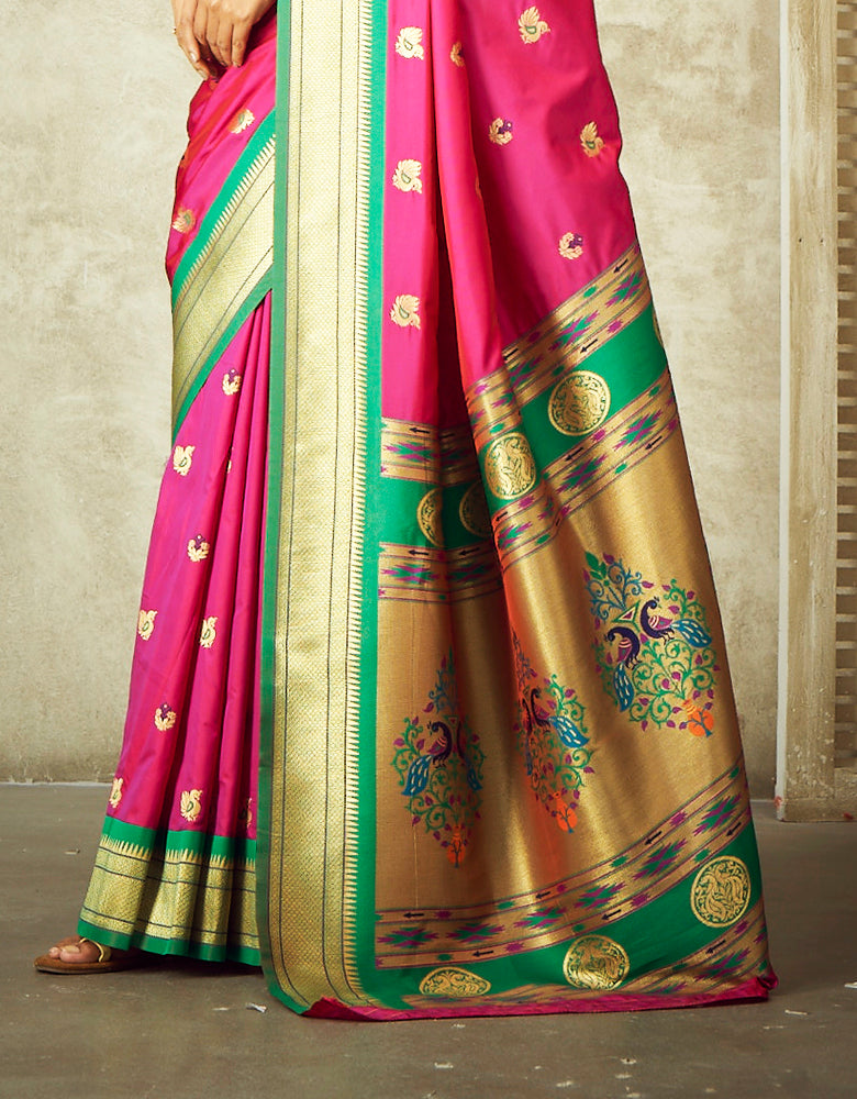 Rajwadi Paithani Silk Saree Hot Pink