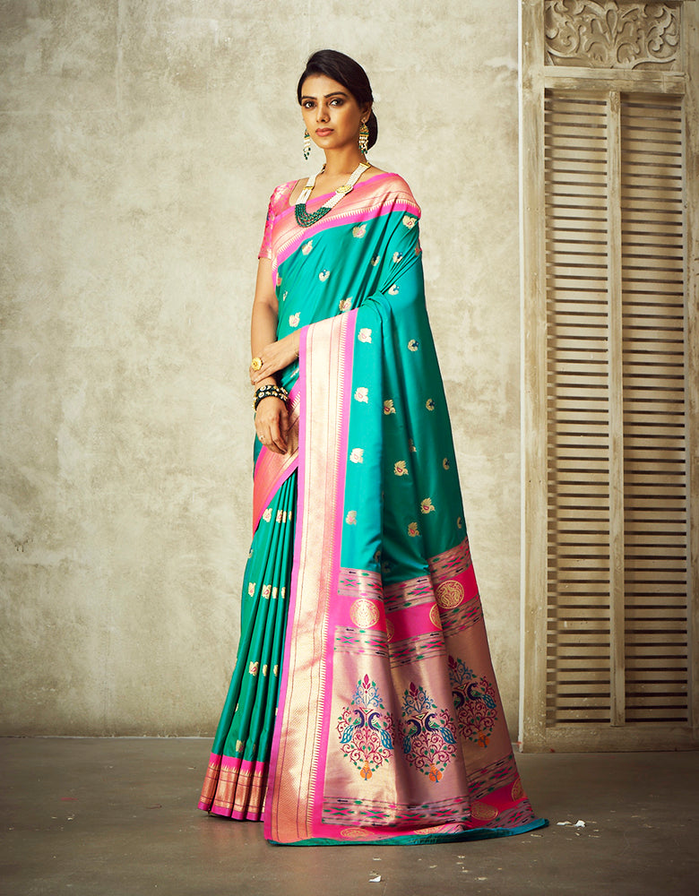 Rajwadi Paithani Silk Saree Teal Green