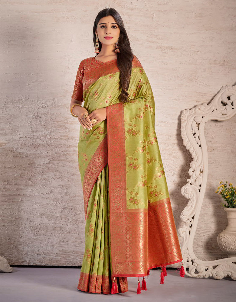 The Happy Vastra Silk Saree Olive Green